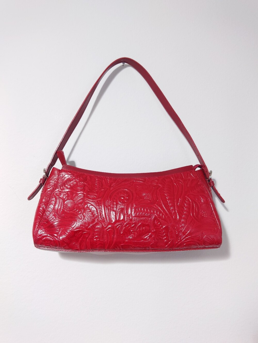 Valerie Stevens Red Genuine Leather Embossed Floral Baguette Shoulder Bag